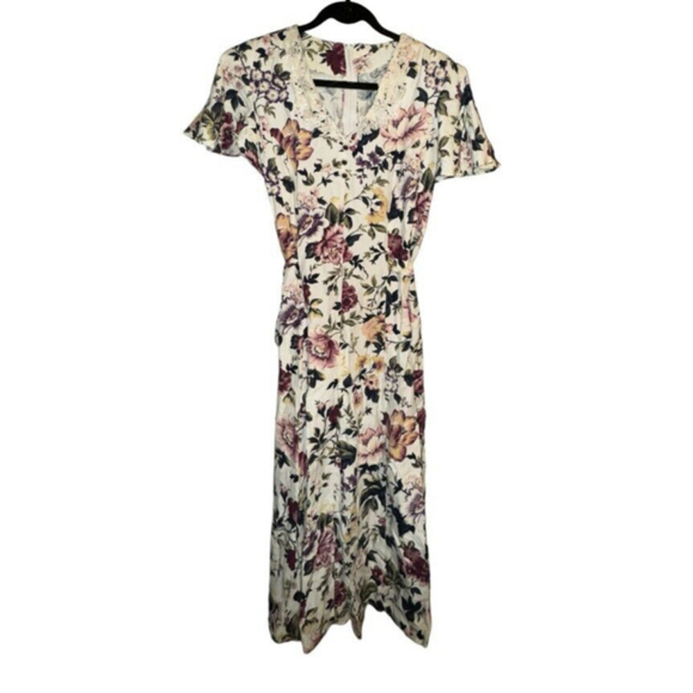 Vintage En Focus Dress Floral Lace Collar Midi CottageCore Prairie 90s